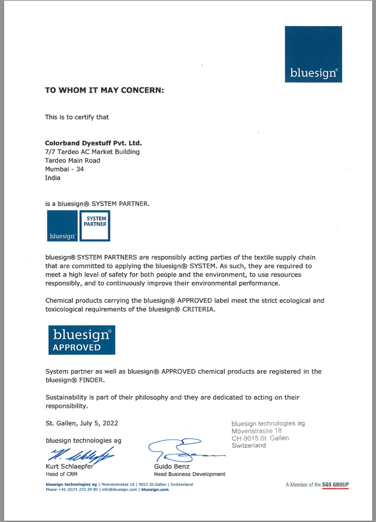 Bluesign Certificate